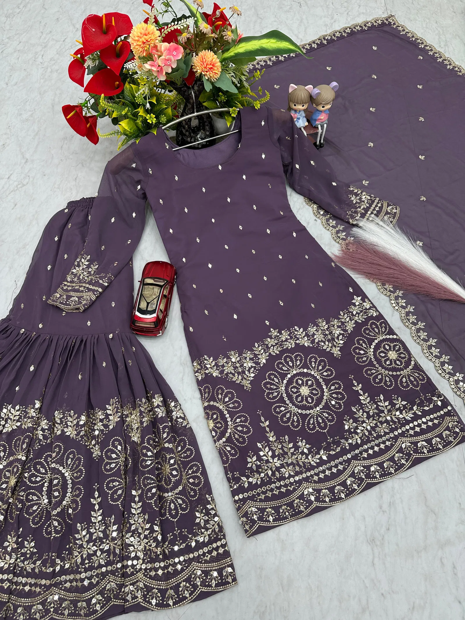 Pf 026 Faux Georgette With Heavy Embroidery Work Top Sarara With Dupatta Wholesale In India